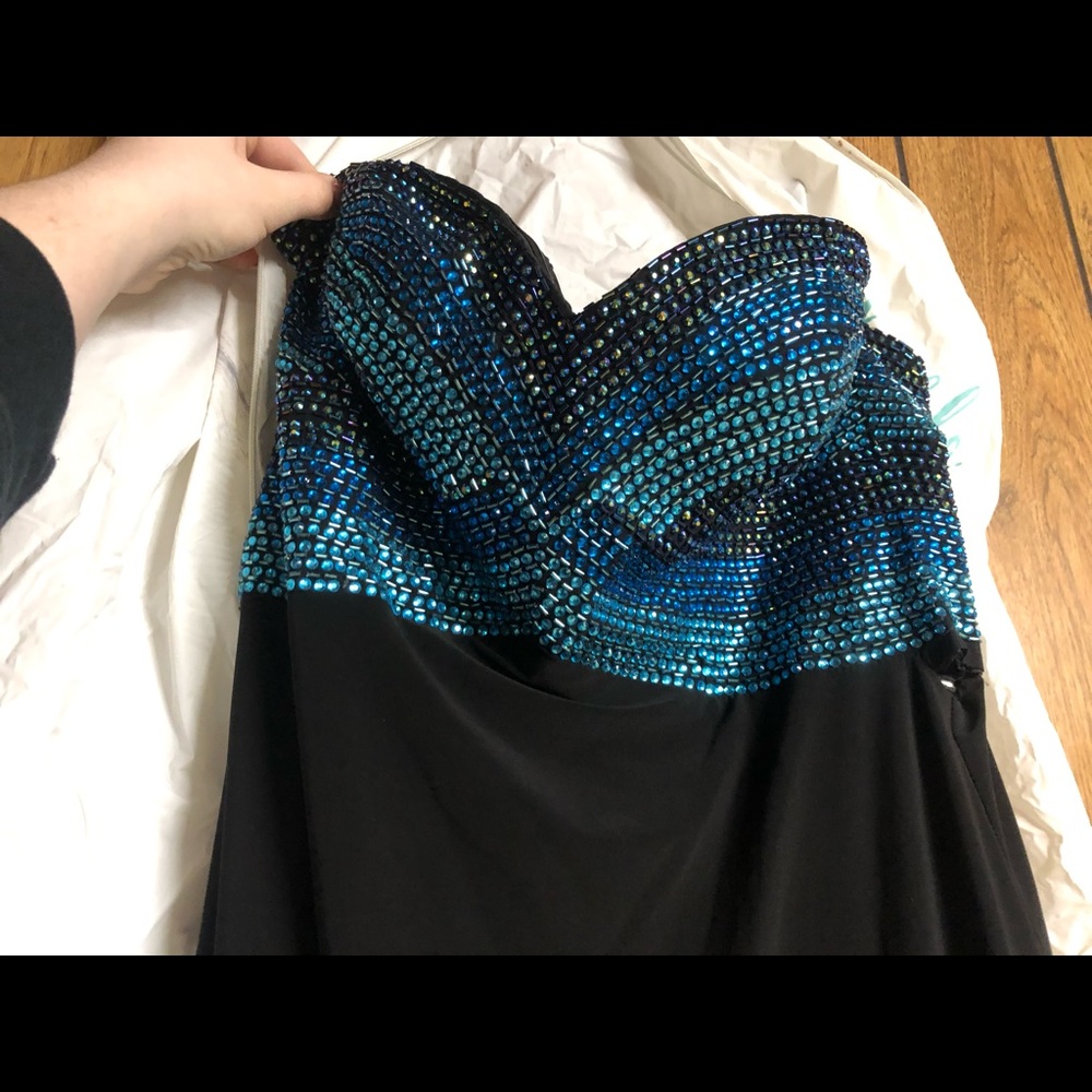 Camille La Vie Black Prom Dress with Blue Accents